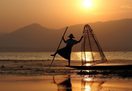 Sunset - nature, beach, man, sunset, oriental