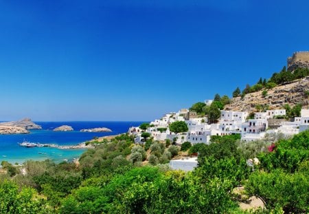 Greece - nature, landscape, greece, sea, buildings, mountain, sky