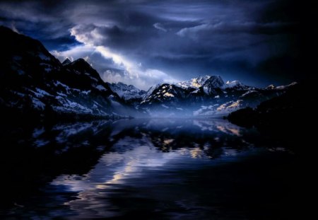 3d landscape - clouds, reflection, mountains, dark