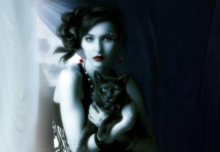 beauty by night - beauty, girl, cat, light