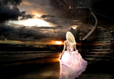 dark sunset - clouds, stairs, sunset, woman