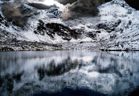 dramatic view on a bleakly landscape - water, mountains, reflection, snow