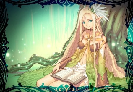 Cerestia - shining tears, sitting, elf, girl, long hair, book, cerestia, looking at viewer, green eyes, blonde hair, tree, cute, frame