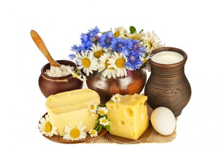 For a healthy breakfast - breakfast, blue, flowers, daisy, cheese