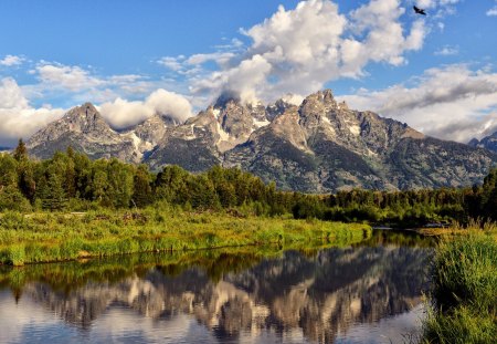 Landscape - beauty, sky, trees, peaceful, water, mountains, view, reflection, river, clouds, green, tree, grass, lake, landscape, lovely, nature, woods, forest, beautiful, splendor