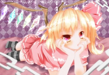 anime - shoort, flandre scarlet, girl, chain, hairwings, red eyes, bow, blonde hair, anime