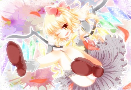 anime - panties, anime, flandre scarlet, girl, eyes, blonde hair, orange eyes, bow, winktouhou