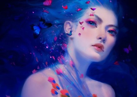 Blue Butterfly Fantasy Girl - girl, fantasy, blue, cg