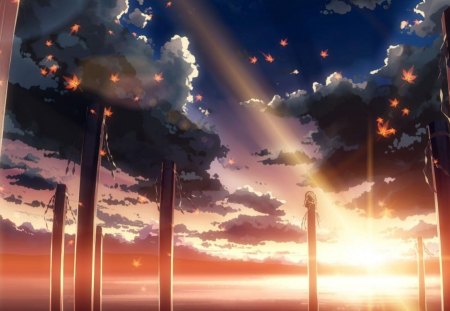 -Touhou-leaves-Goddess-sunlight-scenic-maple-leaf-lakes-logs - clouds, landscapes, sunset, water