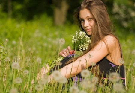 Between dandelionsâ™¥ - young girl, bouquet, field, enjoying, spring, white, forever, lily, tiny flowers, love, dandelions, summer, lovely, nature, beautiful, sweet, smile