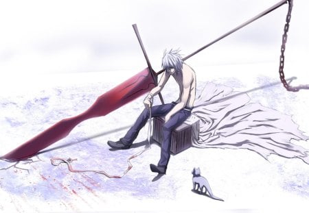 ......... - male, cat, original, white background, green eyes, bandages, weapon, anime, sword, white hair, spiky hair