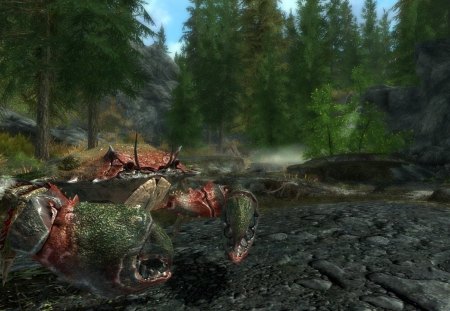 Skyrim - river, crab, trees, water