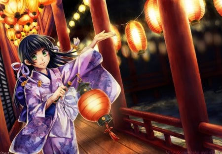 Welcome - anime, female, welcome, lanterns, girl, kimono