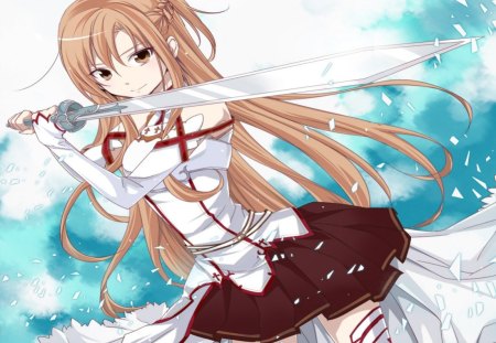 Yuuki Asuna - anime girl, female, warrior, hot, thighhighs, yuuki asuna, sword, brown hair, cool, long hair, braids, sword art online, sexy