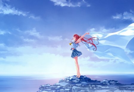 Sea Breeze - red hair, breeze, girl, ocean, sky