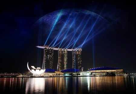 Beautiful Building - lights, water, reflection, rays