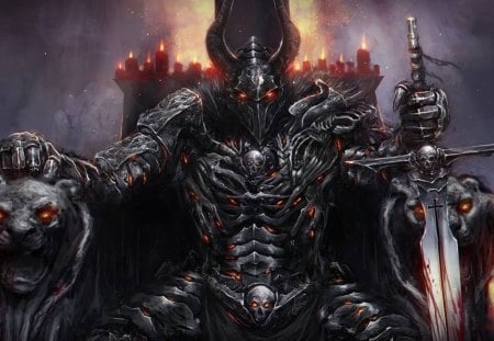 dark knight - the throne, candle, a horned helmet, sword, armor, arms