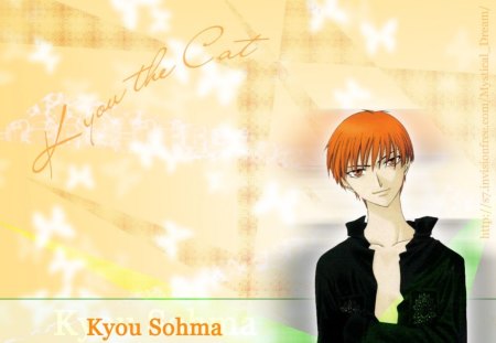 Kyo Sohma - kyo, year of cat, butterfly background, orange, name tag