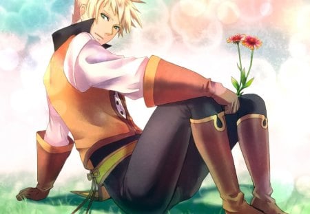 Guy - flowers, blonde dude, smile, boots, colorful background, guy