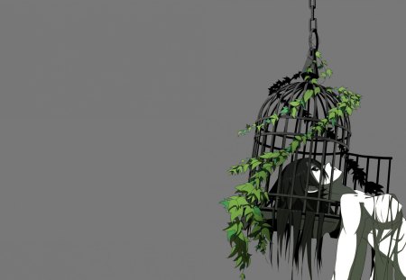 Caged - confusion, hair, bush, black, bird, sorrow, cage, nature, grief, abstract, agony, leafs, anime