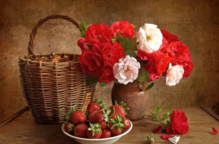 Flowers and strawberries - strawberry, food, basket, flower