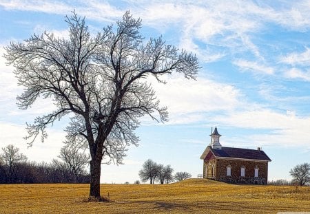 abandoned schoolhouse arvonia kansas - schoolhouse, field, stone, tree