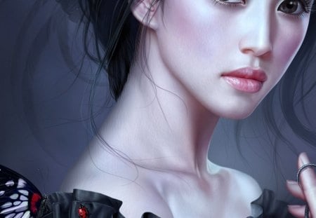 Girl in black - beauty, woman, art, butterfly, girl, cg