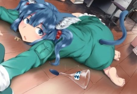 anime - tail, kawashiro nitori, barefoot, animal ears, anime, dress, blue hair