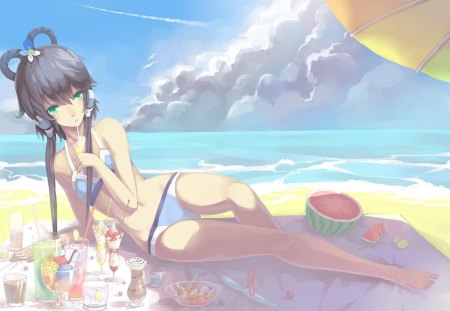 anime - luo tianyi, green eyes, drink, beach, madyy, swimsuit, bikini, anime