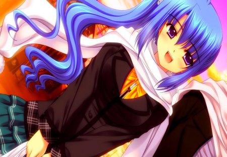 Going Home... :) - sekajyo, anime, walking, girl, tsubakiko, sweet, munemoto, blue hair, cute