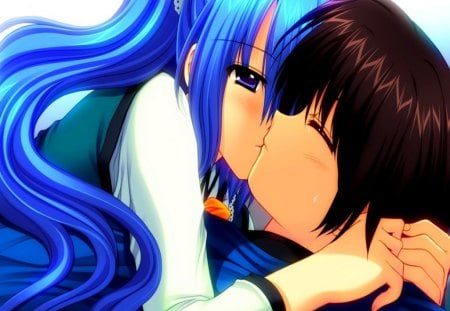 Sweet Kiss... :) - sekajyo, girl, blue hair, kiss, boy, munemoto, anime, sweet, hattori, yukito, cute, tsubakiko