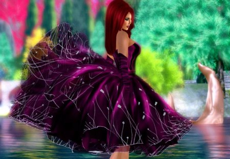 Spring time - pretty, spring rime, dress, spring, reflection, joy, nice, water, beautiful, pond, girl, colors, lovely, colorful, fantasy, lady, woman, fairy