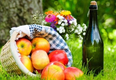 Beautiful - pretty, grass, flowers, wine, apples, bokeh, bottle, beautiful, photography, beauty, colors, lovely, bouquet, tree, basket, colorful, nature, green, apple