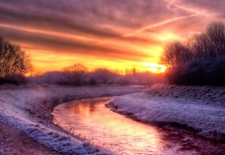 Winter Sunset - beauty, sky, trees, peaceful, water, colorful, sunset, amazing, view, winter time, river, clouds, tree, landscape, sunlight, winter, lovely, nature, snow, beautiful, splendor, winter sunset, colors