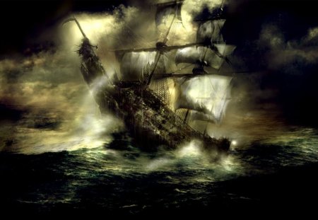 Pirates - ship, ocean, sails, clouds