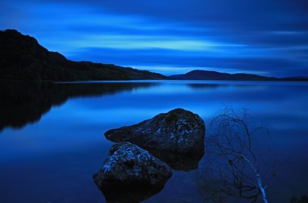 Blue Night - blue, splendor, landscape, night, reflection, mountain, view, lake, sky, clouds, stone, water, blue night, beautiful, beauty, lovely, nature, peaceful, rocks