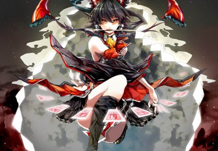 Hakurei Reimu - sexy, hot, hair bow, hakurei reimu, brown hair, touhou, cool, throw, shorts, card, dress