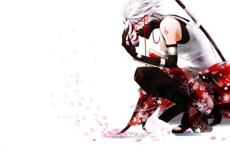 Anbu Kakashi - sword, white hair, red kimono, anbu, kakashi