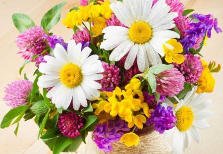 Cute bouquet - vase, daisy, colors, bouquet, flowers, basket, colorful, bright, cute