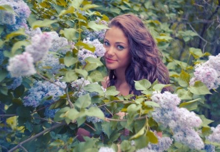 Sweet like a lilac - beautiful girl, eyes, lilac, beauty, flower, sweet, tree, lips, nature, stare, face