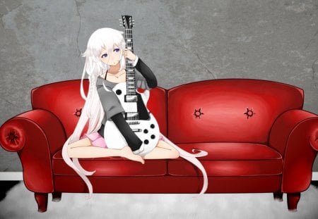 IA plays the guitar - blond hair, red couch, guitar, vocaloid, ia