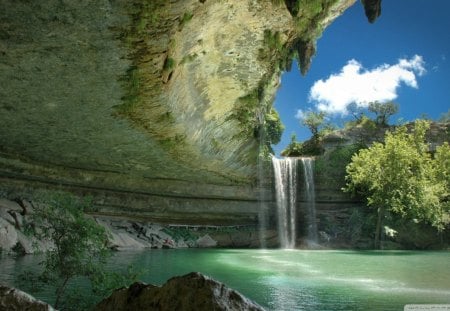 beautiful waterfall over cavern - cavern, pool, trees, waterfall