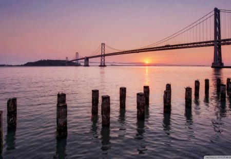 bay bridge on a calm morning - dawn, bay, bridge, pier