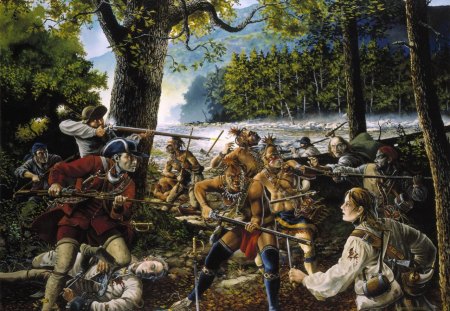 French and Indian War - forest, indians, militia, river