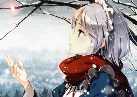 Izayoi Sakuya - ke-ta, branch, blue eyes, zun, touhou, izayoi sakuya, snow, flower, white hair