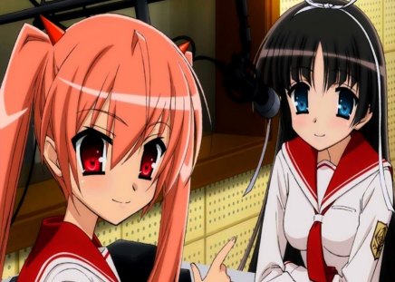 Kanzaki H Aria & Hotogi Shirayuki..... :) - girls, blue eyes, kanzaki h aria, red eyes, hotogi shirayuki, anime, sweet, cute, radio