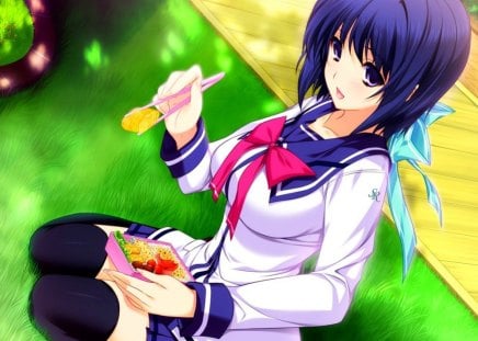 Lunch Time!!!! :) - girl, lunch, yuni, nanasawa, lovely x cation, green grass, anime, sweet, cute