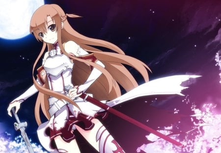 Yuuki Asuna - female, warrior, night, long hair, armor, sword art online, brown eyes, moon, anime girl, cherry blossom, hot, sword, thighhighs, yuuki asuna, brown hair, cool, petals, smile, sexy, full moon