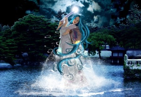 Lady of the lake - clouds, fantasy, lady, fan, lake, night, moonlight