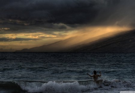 fire on the mountain - sunrays, swimmer, waves, sea, mountains